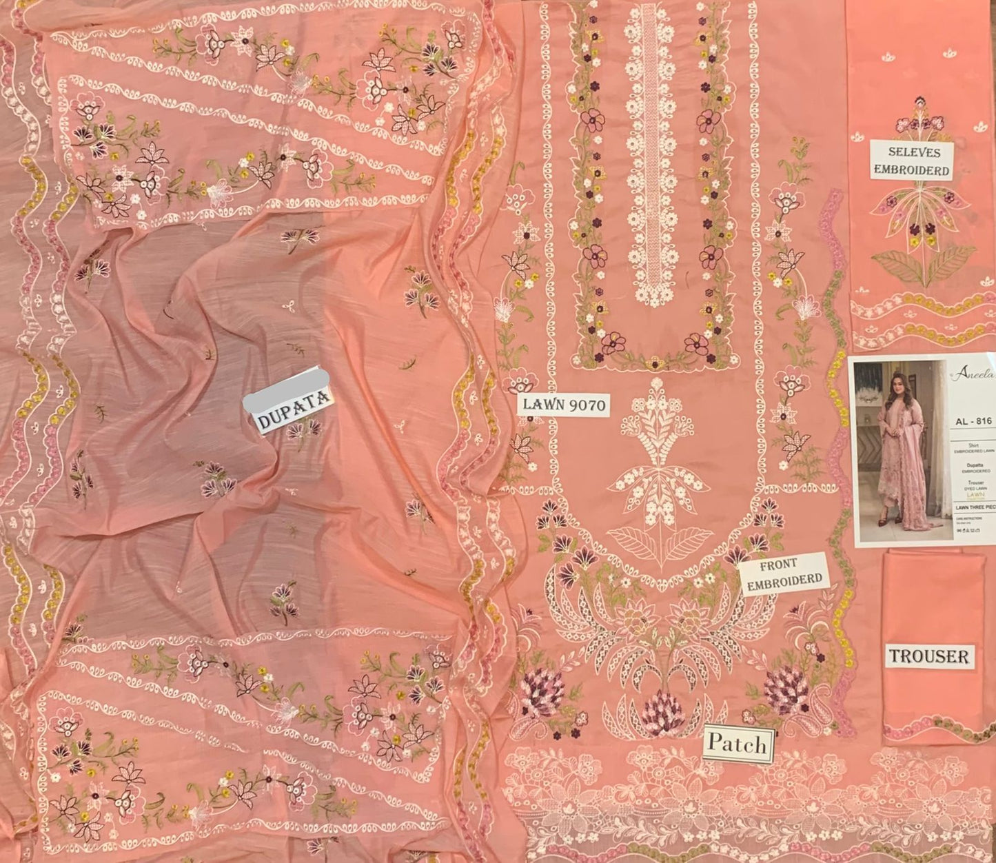 3 Piece - Embroidered Lawn Suit With Slub Monar Dupatta AL-825P