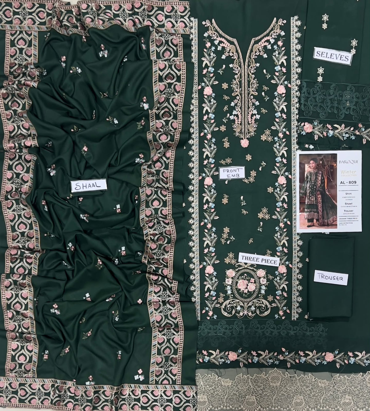3-Piece Baroque Premium Embroidered Dhanak Suit AL-809