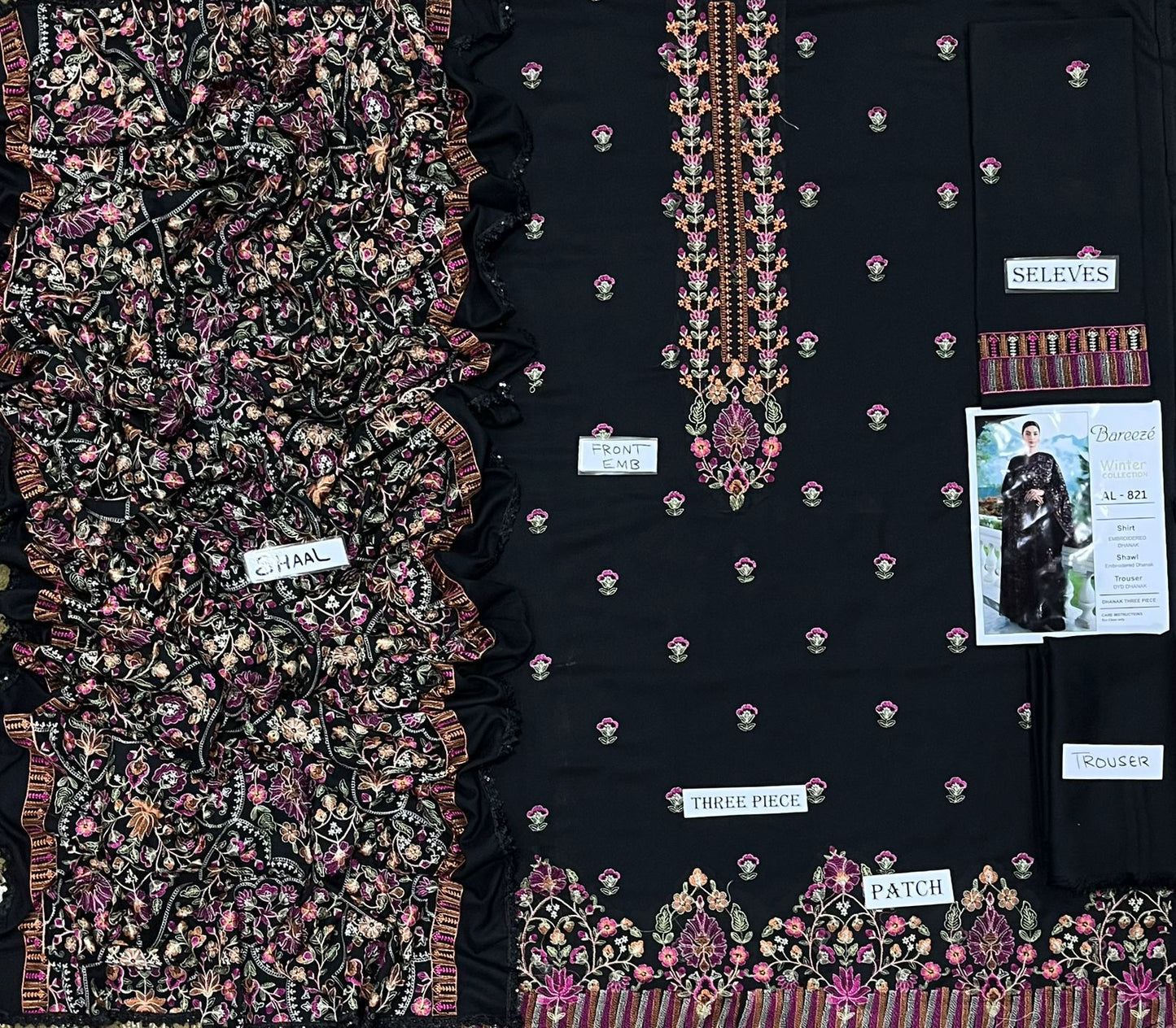 3-Piece Bareeze Inspired Premium Embroidered Dhanak Suit AL-821