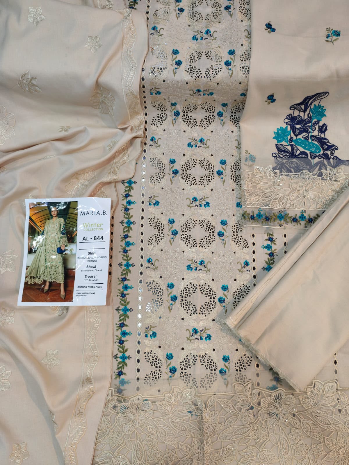 3-Piece Maria B Inspired Premium Embroidered Dhanak Suit AL-844