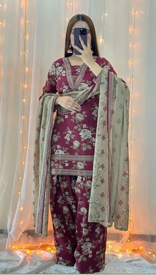 Baroque Printed 3PC Winter Unstitched Dress With Printed Shawl- DB10