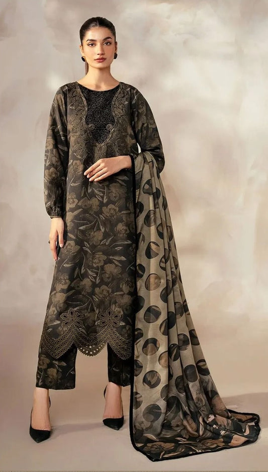 Baroque Printed 3PC Winter Unstitched Dress With Printed Shawl- DB5