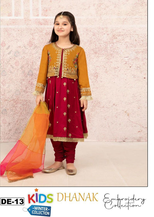 Kids 3PC Embroidered Winter Dress With Net Dupatta - Unstitched - DE-13