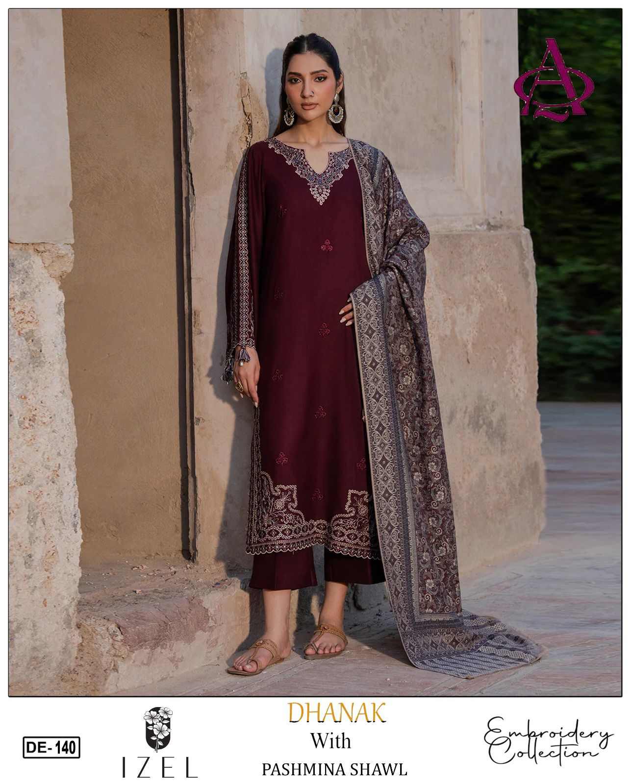 EMB 3PC Unstitched Winter Dress With Pashmina Printed Shawl- DE-140