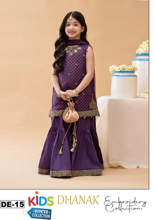 Kids 3PC Embroidered Winter Dress With Net Dupatta - Unstitched - DE-15