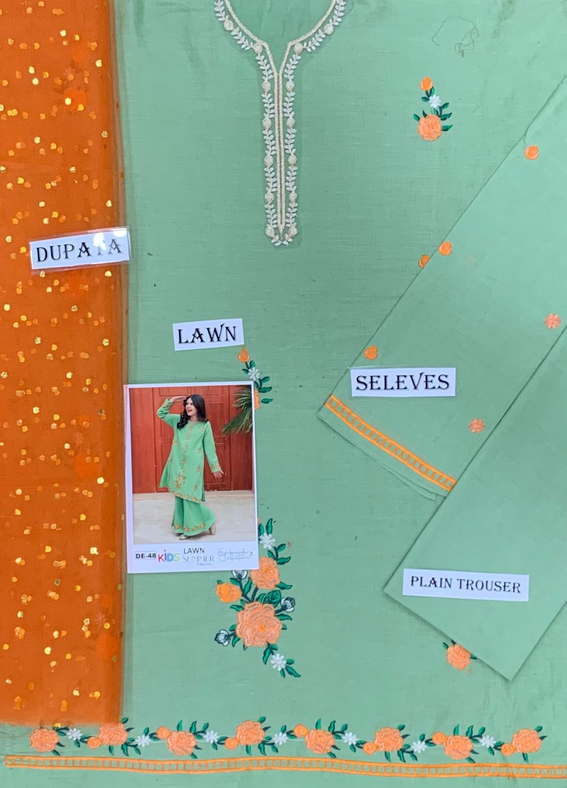 Kids 3PC Embroidered Summer Dress With Net Dupatta - Unstitched - DE-48