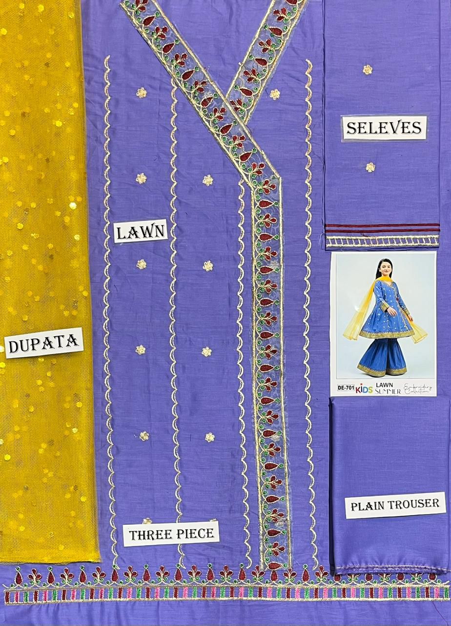 Kids 3PC Embroidered Summer Dress With Net Dupatta - Unstitched - DE-701