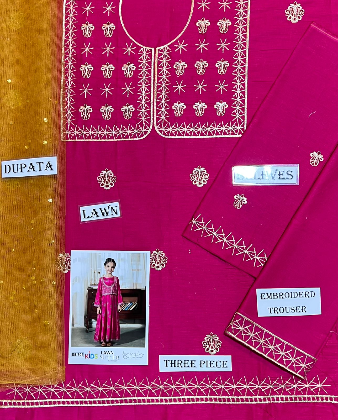 Kids 3PC Embroidered Summer Dress With Net Dupatta - Unstitched - DE-705