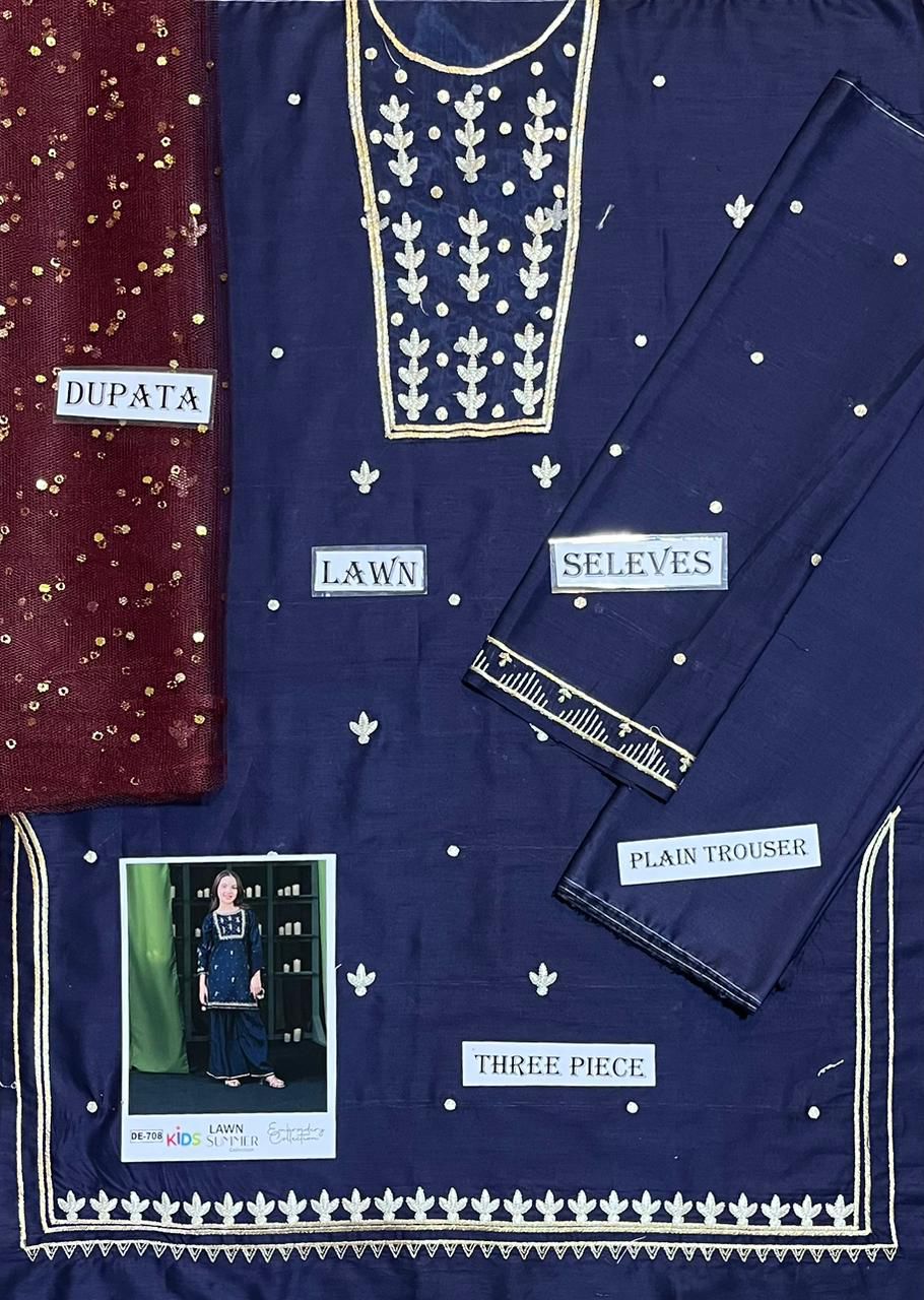 Kids 3PC Embroidered Summer Dress With Net Dupatta - Unstitched - DE-708