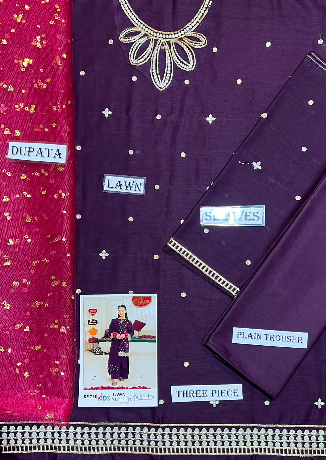 Kids 3PC Embroidered Summer Dress With Net Dupatta - Unstitched - DE-711