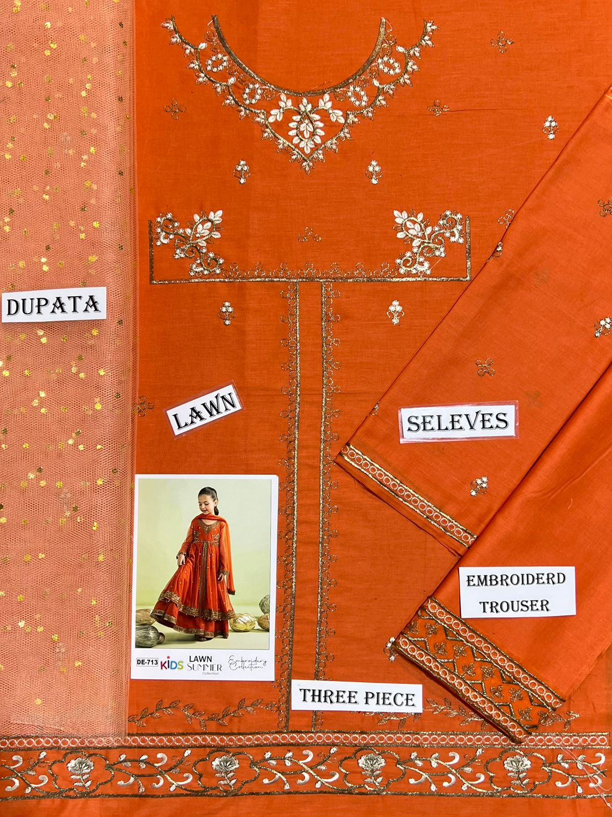 Kids 3PC Embroidered Summer Dress With Net Dupatta - Unstitched - DE-713