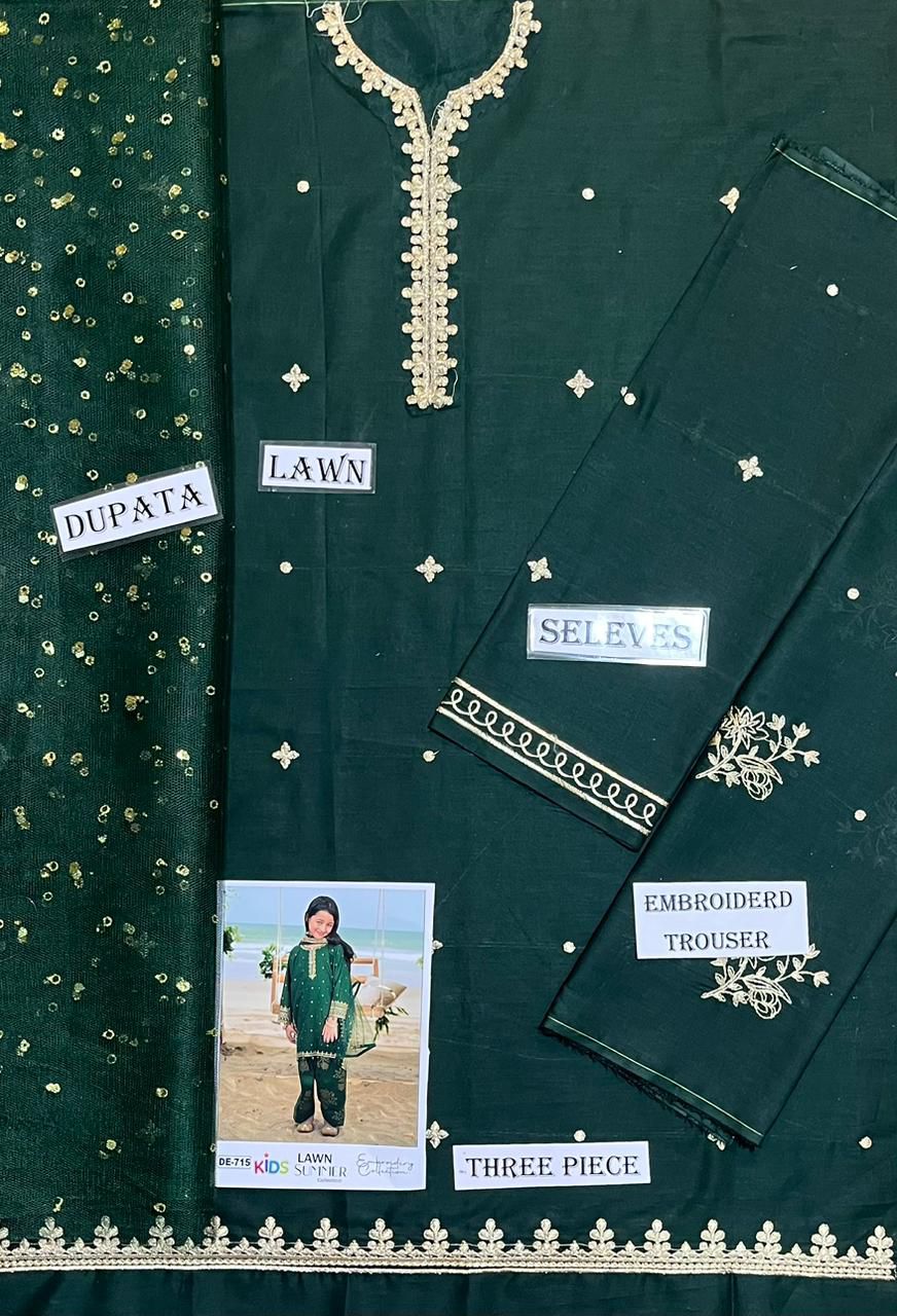 Kids 3PC Embroidered Summer Dress With Net Dupatta - Unstitched - DE-715