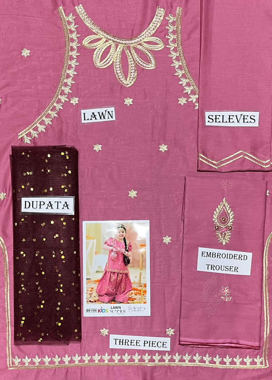Kids 3PC Embroidered Summer Dress With Net Dupatta - Unstitched - DE-730