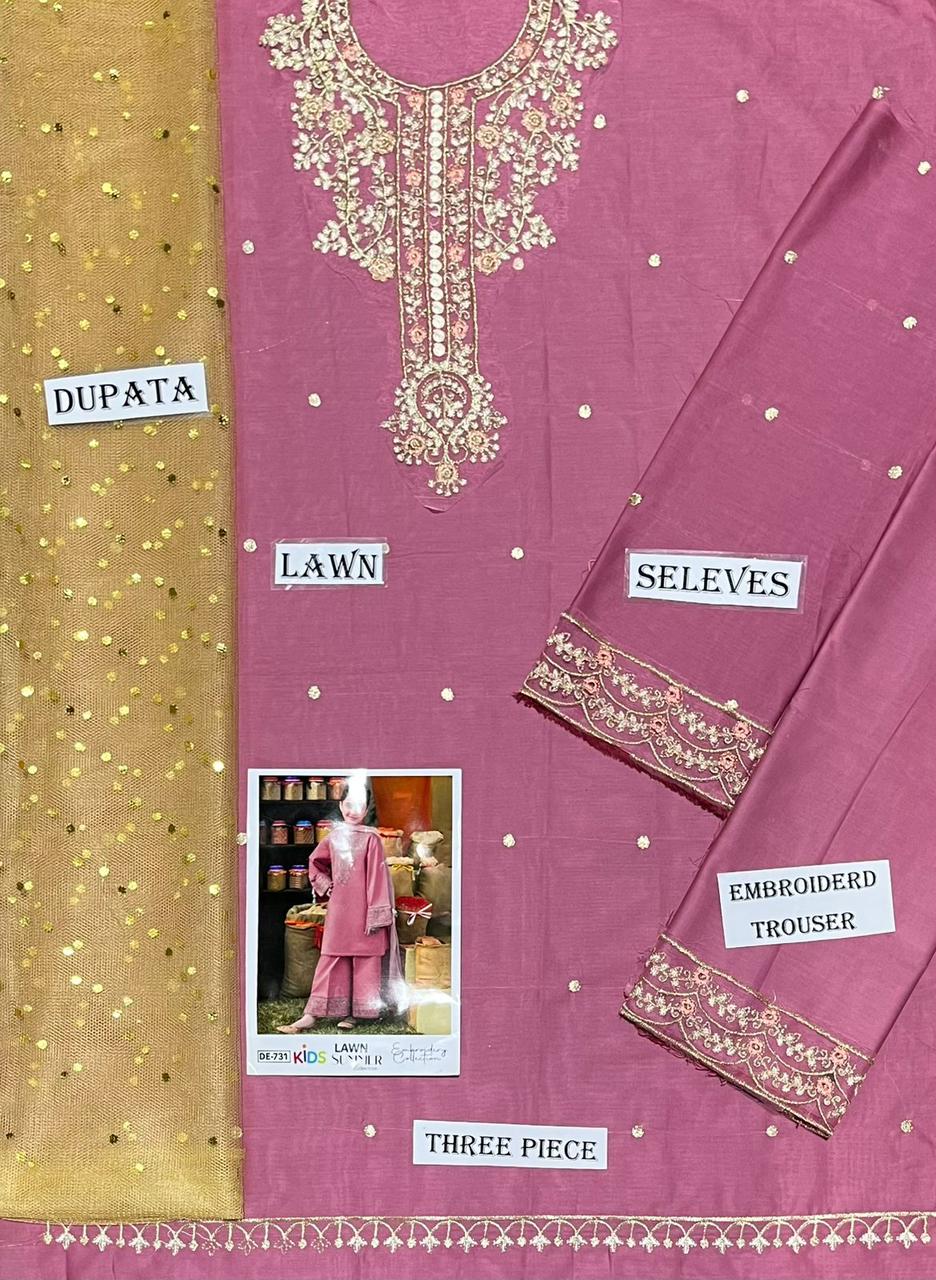 Kids 3PC Embroidered Summer Dress With Net Dupatta - Unstitched - DE-731