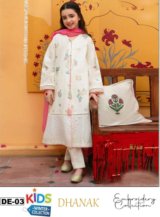 Kids 3PC Embroidered Winter Dress With Net Dupatta - Unstitched - DE03
