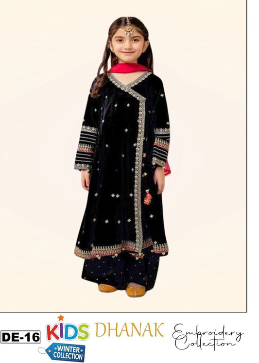 Kids 3PC Embroidered Winter Dress With Net Dupatta - Unstitched - DE16