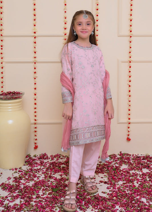 Kids 3PC Embroidered Lawn Dress With Net Dupatta - Unstitched - KD210