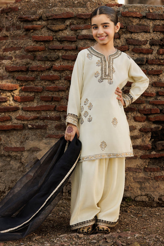 Kids 3PC Embroidered Lawn Dress With Net Dupatta - Unstitched - KD51