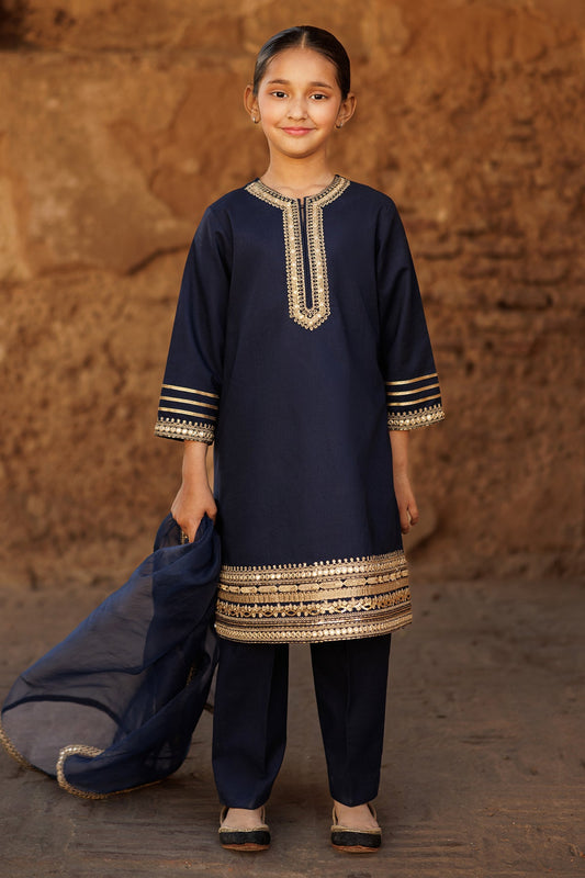 Kids 3PC Embroidered Lawn Dress With Net Dupatta - Unstitched - KD52