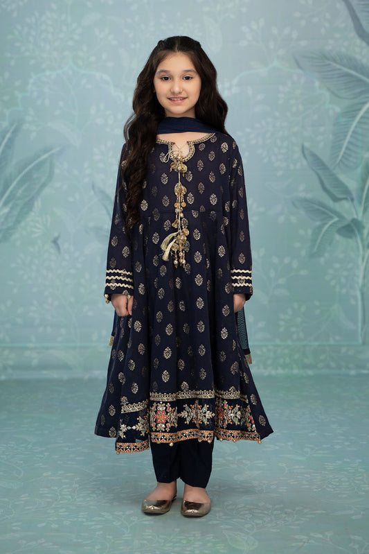 Kids 3PC Embroidered Lawn Dress With Net Dupatta - Unstitched - KD53