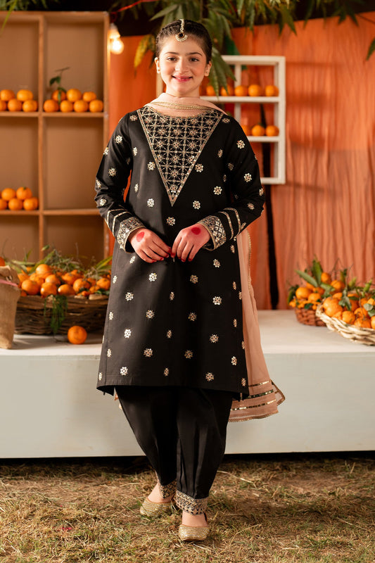 Kids 3PC Embroidered Lawn Dress With Net Dupatta - Unstitched - KD54