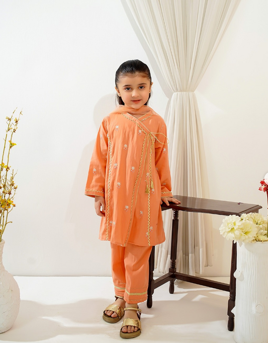 Kids 3PC Embroidered Lawn Dress With Net Dupatta - Unstitched - KD55