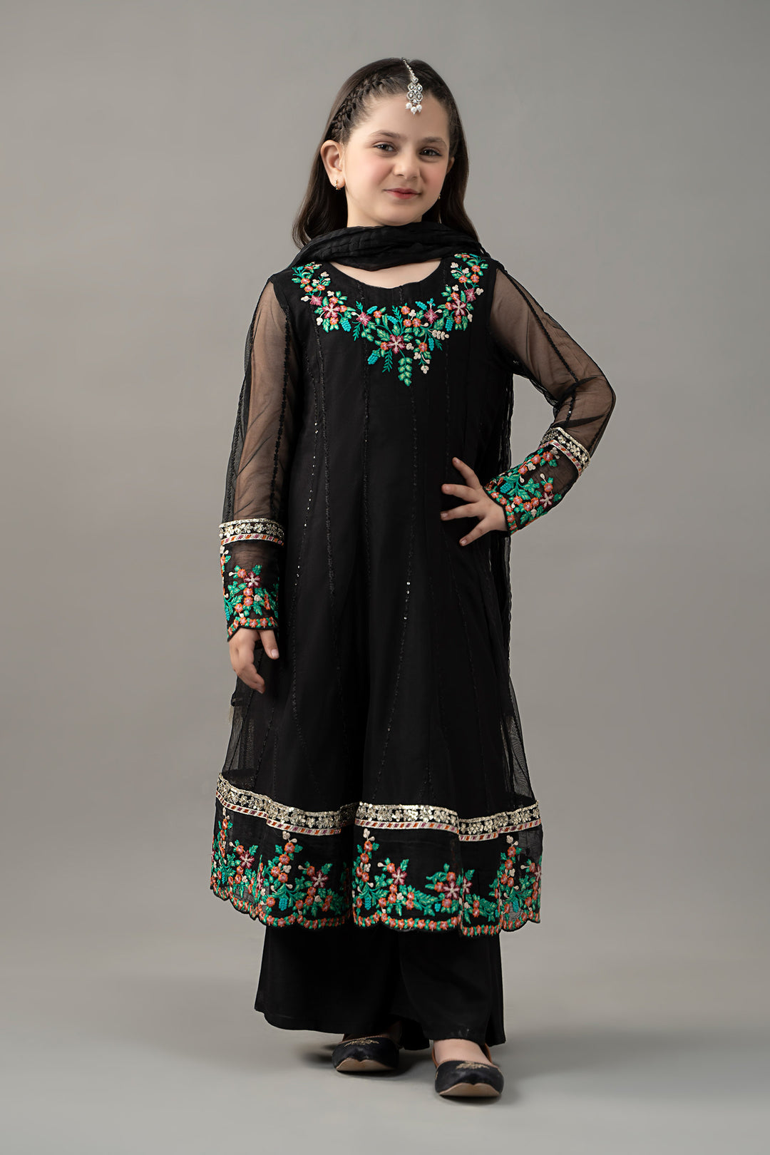 Kids 3PC Embroidered Lawn Dress With Net Dupatta - Unstitched - KD56