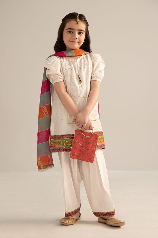 Kids 3PC Embroidered Lawn Dress With Net Dupatta - Unstitched - KD57