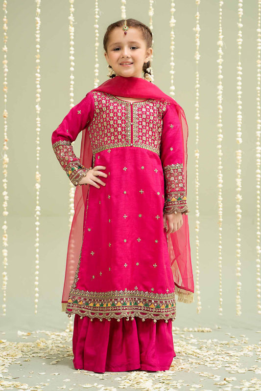Kids 3PC Embroidered Lawn Dress With Net Dupatta - Unstitched - KD59