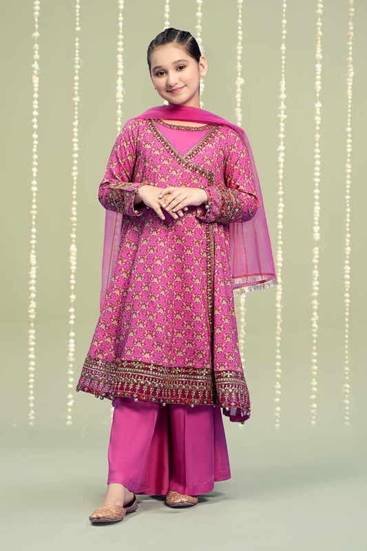 Kids 3PC Embroidered Lawn Dress With Net Dupatta - Unstitched - KD60