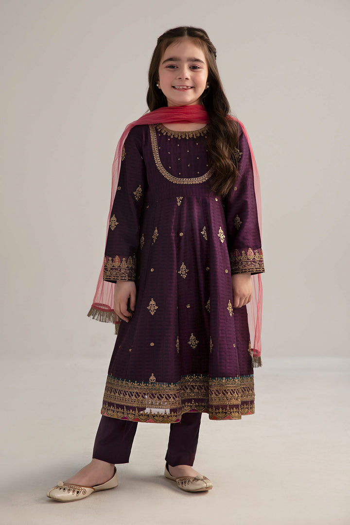 Kids 3PC Embroidered Lawn Dress With Net Dupatta - Unstitched - KD63
