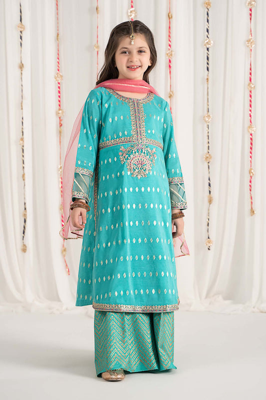 Kids 3PC Embroidered Lawn Dress With Net Dupatta - Unstitched - KD67