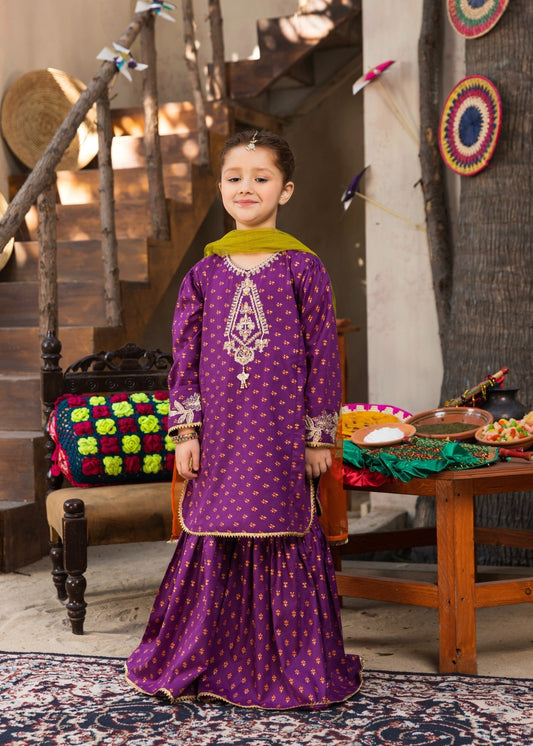 Kids 3PC Embroidered Lawn Dress With Net Dupatta - Unstitched - KD68