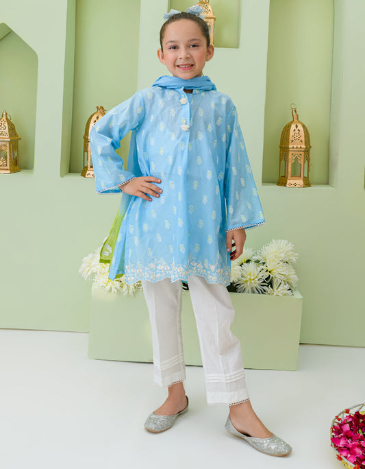 Kids 3PC Embroidered Lawn Dress With Net Dupatta - Unstitched - KD80