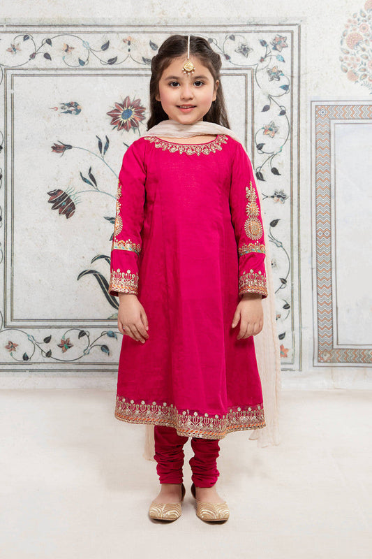 Kids 3PC Embroidered Lawn Dress With Net Dupatta - Unstitched - KD81