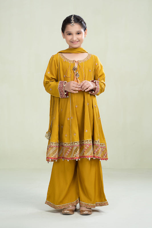 Kids 3PC Embroidered Lawn Dress With Net Dupatta - Unstitched - KD83