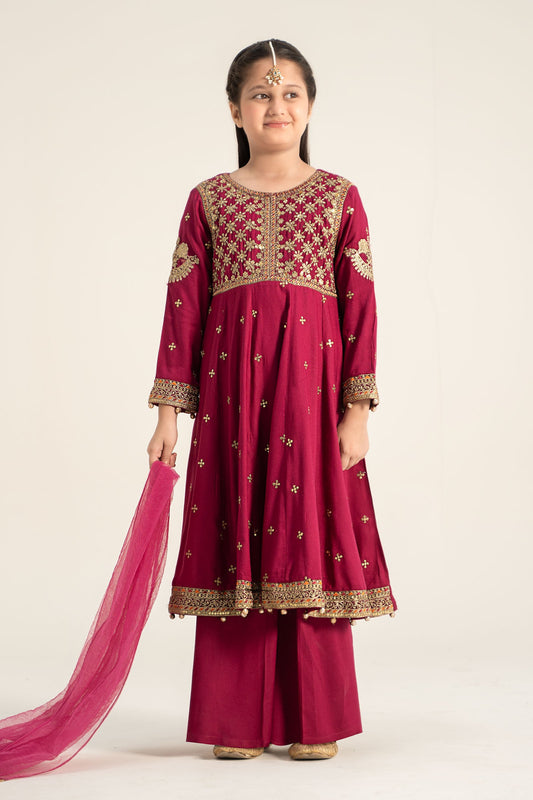 Kids 3PC Embroidered Lawn Dress With Net Dupatta - Unstitched - KD85