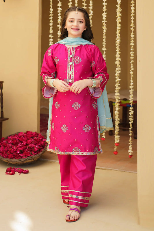 Kids 3PC Embroidered Lawn Dress With Net Dupatta - Unstitched - KD86