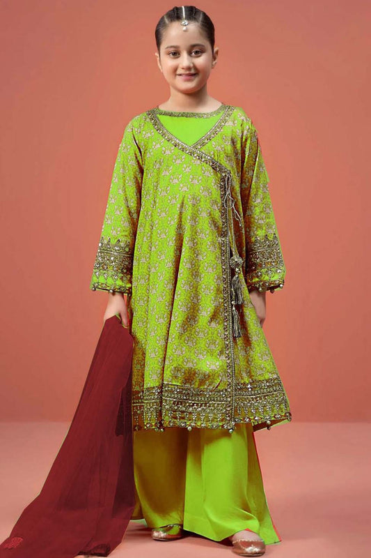 Kids 3PC Embroidered Lawn Dress With Net Dupatta - Unstitched - KD87
