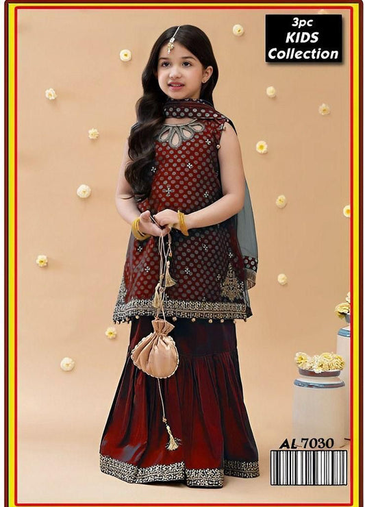 Kids 3PC Embroidered Lawn Dress With Net Dupatta - Unstitched - KD88