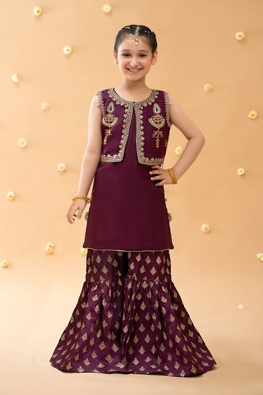 Kids 3PC Embroidered Lawn Dress With Net Dupatta - Unstitched - AL40
