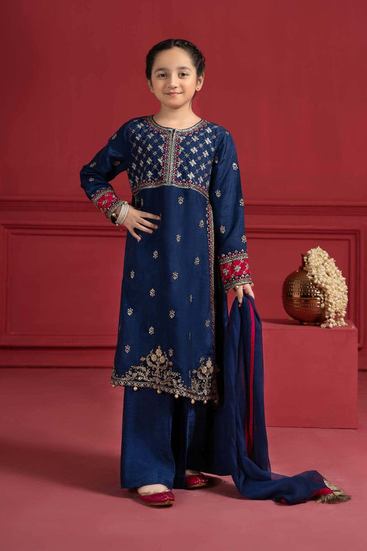 Kids 3PC Embroidered Lawn Dress With Net Dupatta - Unstitched - AL41