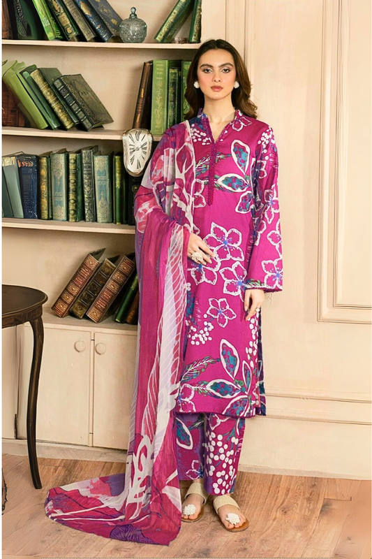 All Over Printed 3PC Unstitched With Printed Shawl- P113