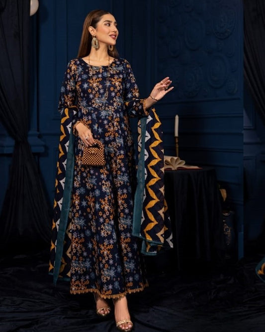 All Over Printed 3PC Unstitched With Printed Shawl- P118