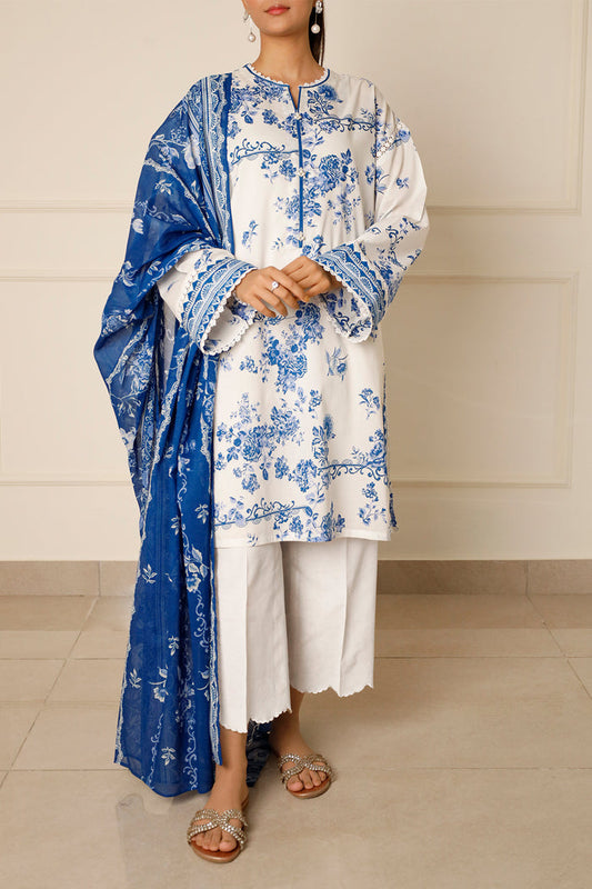 All Over Printed 3PC Unstitched With Printed Shawl- P120