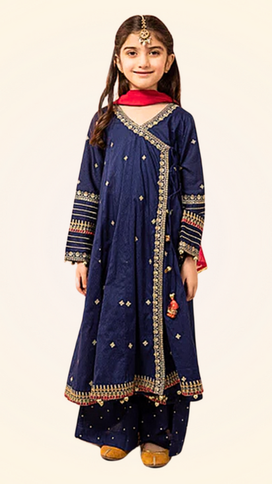 Kids 3PC Embroidered Lawn Dress With Net Dupatta - Unstitched - AL353