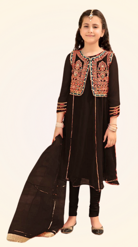 Kids 3PC Embroidered Lawn Dress With Net Dupatta - Unstitched - AL354