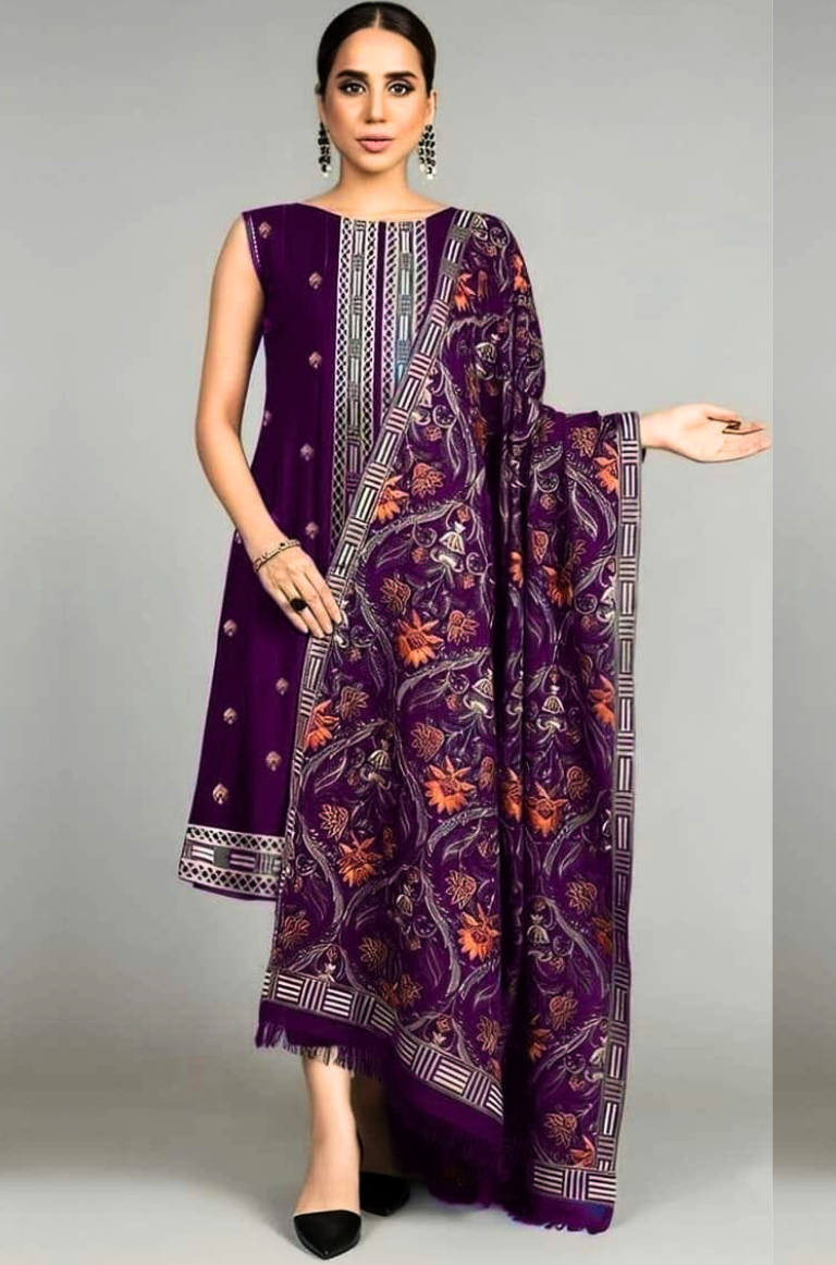 Fully Embroidered 3PC Dress With Heavy EMB Shawl - W7