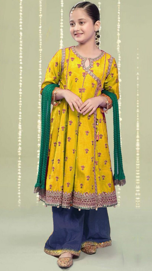 Kids 3PC Embroidered Lawn Dress With Net Dupatta - Unstitched - D45