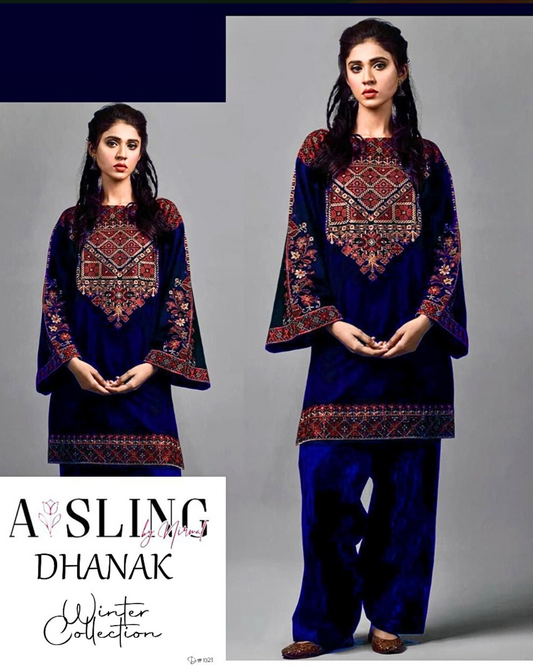 Embroidered 2Pc Dhanak Unstitched Winter Dress With EMB Patches - Blue W619